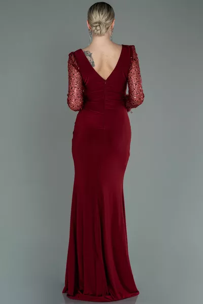 Borgogna paillettes manica lunga fessura abito da sera 