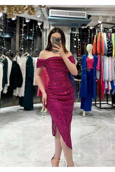 Liana Degaje Yaka Midi Elbise Fuşya