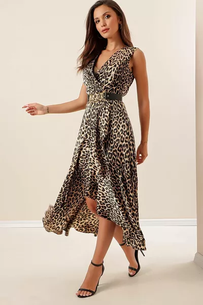 Двубортный воротник спереди Короткий воланы на подкладке Пояс Леопардовый атлас Платье черного цвета