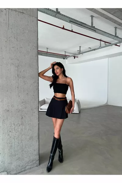 المرأة السوداء مطوي حزام مفصلة السراويل تنورة