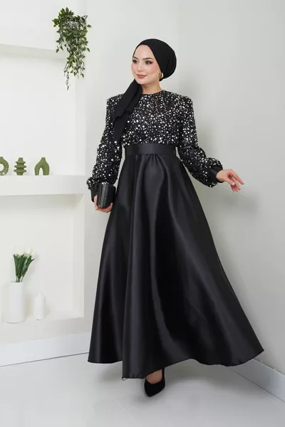 Sequin Detailed Satin Evening Dress  Black Silver