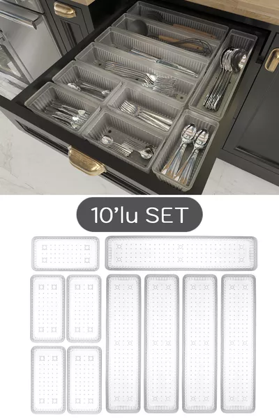 Модулен комплект за лъжици, органайзер за чекмедже за разпределяне на вилици, лъжици и ножове, прозрачен