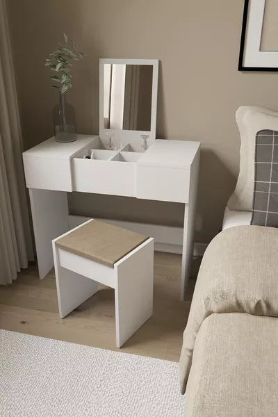 طاولة مكياج بيضاء مع مرآة ودرج من أنكا