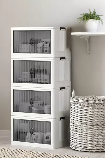 خزانة تنظيمية محمولة قابلة للتكديس بأربعة أقسام مع غطاء مغناطيسي - خزانة بلاستيكية صلبة للمطبخ والحمام