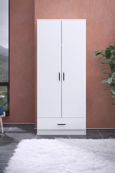 2-Door 1-Drawer Wide Wardrobe (Closet-Dresser-Pantry) / White