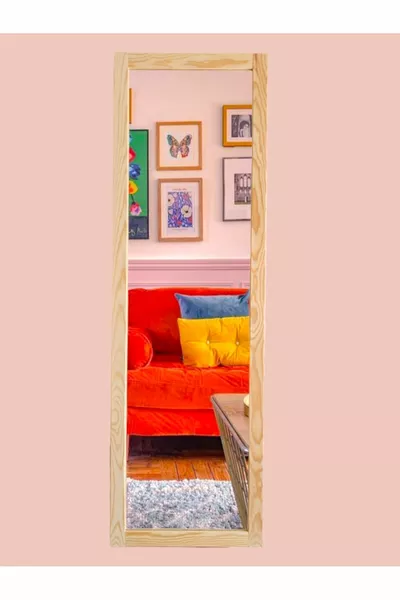 Natural Wood Frame Wall Hall Mirror Full-Length Mirror