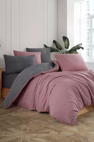 Double Duvet Cover Set with Fitted Sheet | Plum Anthracite |