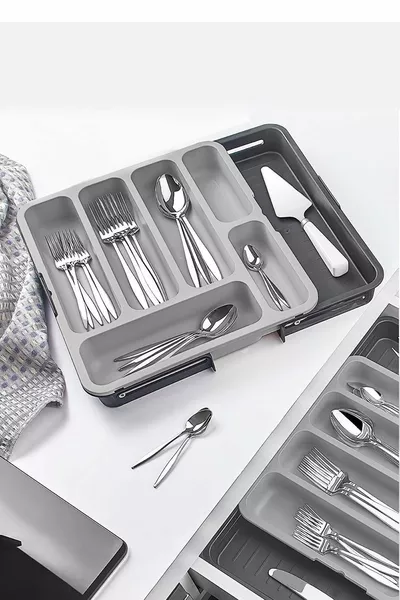 Двустранен регулируем органайзер за чекмедже за лъжици, разтегателен организатор за вилици и ножове