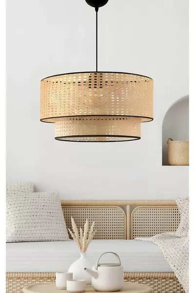 Modern Scandinavian Nordic Hazeran Living Room Kitchen Chandelier Wicker Rattan Double Layer