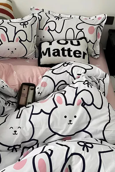 Eenpersoonsbeddengoedset met hoeslaken, schattig konijntje