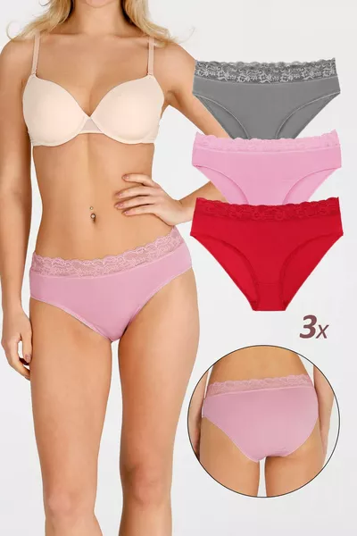 سروال داخلي نسائي من قماش الخيزران بخصر دانتيل، طقم 3 قطع 