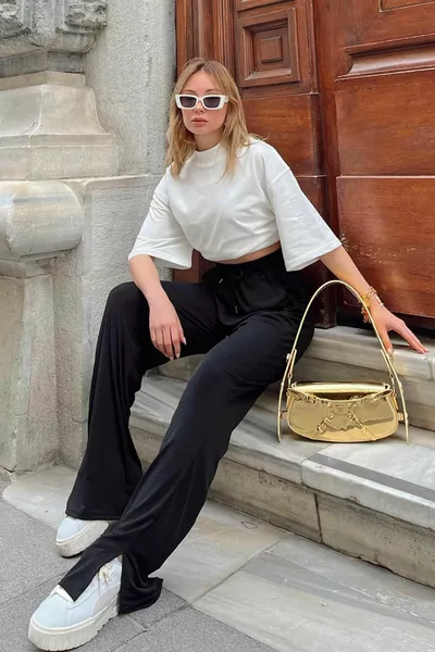 Black Waist Elasticated Leg Slit Women's Sweatpants