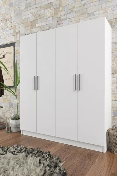 Armadio Milano Bianco a 4 Ante con Ripiani e 2 Astine Appendiabiti Bianco