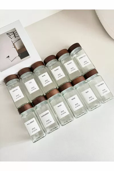 Set di barattoli per spezie in vetro quadrati con coperchio in acacia / Etichetta per pezzo