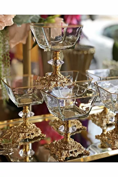 6 Metal Footed Magnolia Bowls with Gold Details - Ice Cream/Dessert Bowls