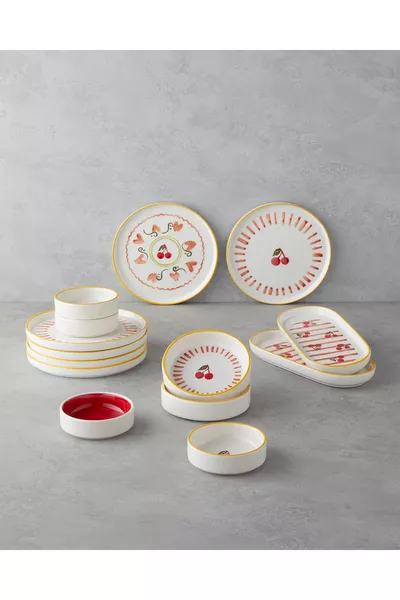 Cherry Seramik Kahvaltı Takımı  parça 6 kişilik Kırmızı-Sarı