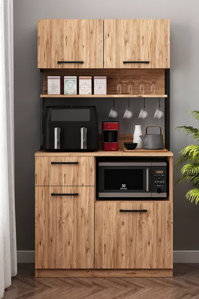 خزانة إرفين متعددة الاستخدامات من خشب الصنوبر الأطلسي مع جهاز القلي بالهواء ومنطقة قهوة