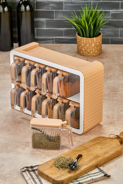 Комплект подправки с лъжички с капак и самозалепваща се стойка - Подправник с дръжка, бежов