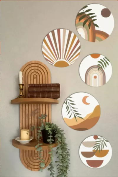 Семпъл стенен рафт и декоративна овална картина от 5 части