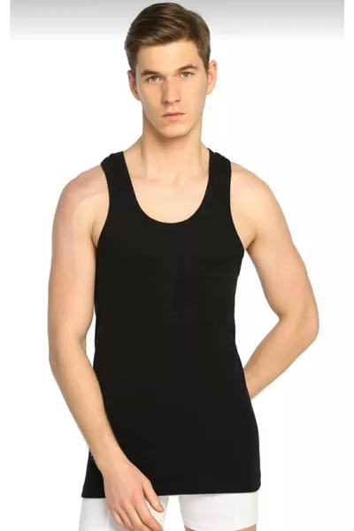 Canotta sportiva da uomo nera in cotone a coste, confezione singola, 6 pezzi, 