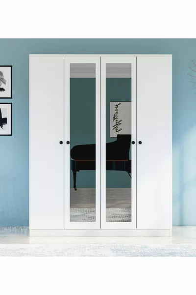 Gm Hayal 4-Door Wardrobe with Mirror and Knob Handles