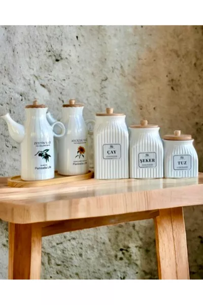 6-Piece Porcelain Daisy Set with Bamboo Stand, ml Oil Dispenser, and 3-Piece Tea, Sugar, Salt, Coffee Jar Set