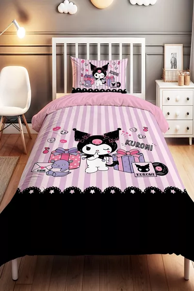 Single Baby Child Duvet Cover Set with Purple Striped Party Kuromi Pattern