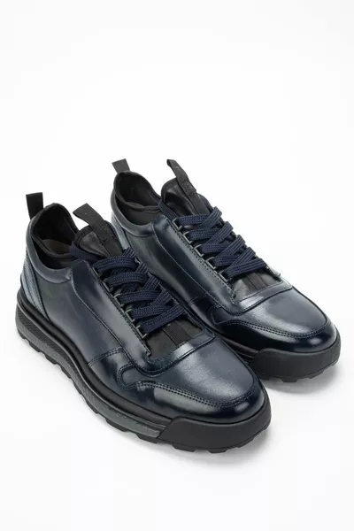 الرجال جلد طبيعي الأزرق الداكن أحذية عارضة