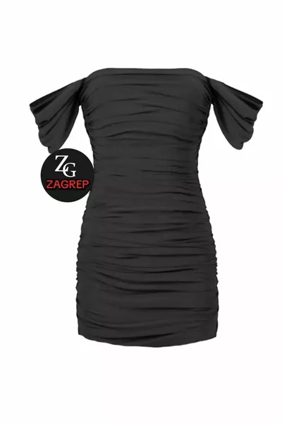 Женское черное платье мини с драпировкой и рукавами на шнурке