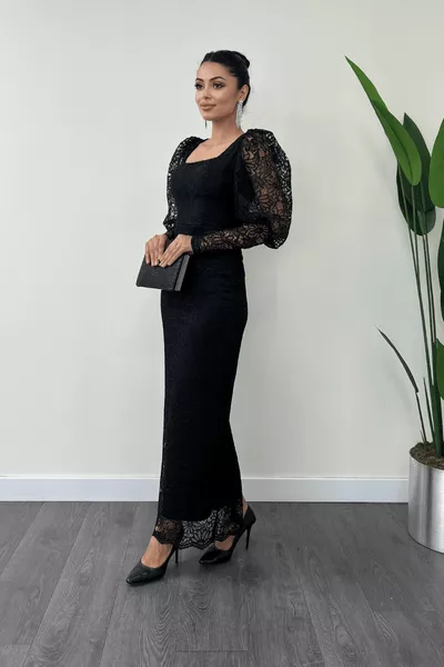 Robe crayon à manches ballons en tissu en dentelle guipure - NOIR