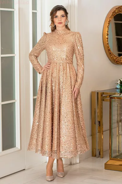 Midi Length Pulpayet Fabric Plus Size Çalıkuşu Evening Dresses - Salmon