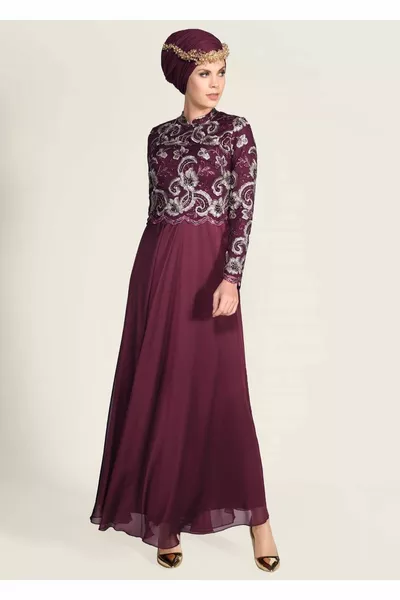 Women's Burgundy Judge Collar Floral Embroidered Evening Dress 
