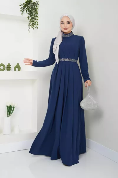 Evening Dress with Belt and Collar Stone  Navy Blue
