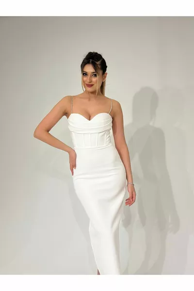 Stars New Season Women's Midi Length Front Corset Stone Rope Strap Evening Dress 