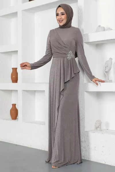 Famelin Side Stone Ruffle Detailed Lycra Hijab Evening Dress