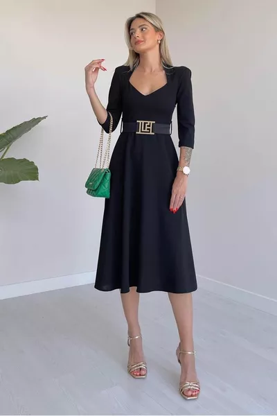 Tessuto Crepe Finestra Collare Midi Lunghezza Nero Abito Da Sera Cintura 