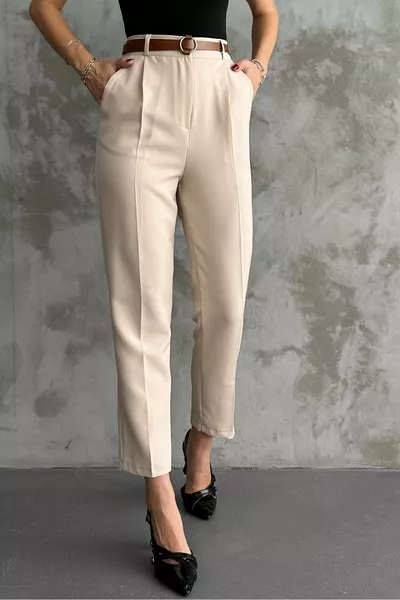 Pantalon Femme Étroite Jambe Plissé Ceinturé Tissu Saisonnier Crème