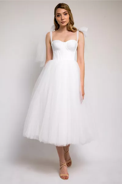 Women's White Midi Length Tulle Evening Dress/Wedding Dress