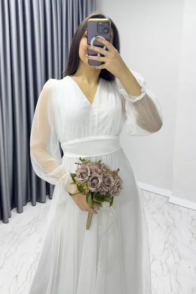 Robe de soirée en tulle doublée col V pour femme blanc, rouge, noir