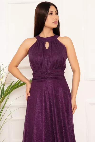 C الرقبة بريق فستان سهرة طويلة 