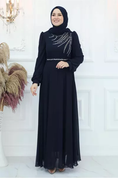 WOMEN'S NAVY BLUE STONE DETAILED EVENING DRESS T 