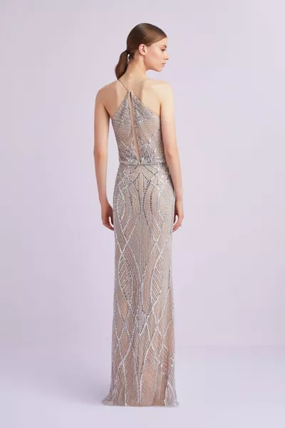 Viola Chan Farbe Neckholder Pailletten besticktes langes Abendkleid