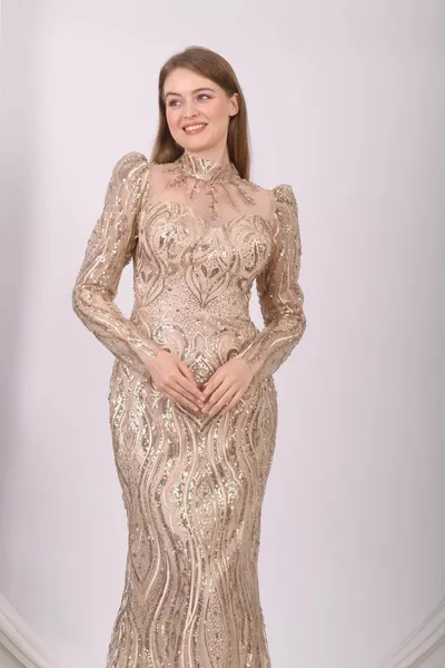 Pailletten en pailletten geborduurde avondjurken met lange mouwen