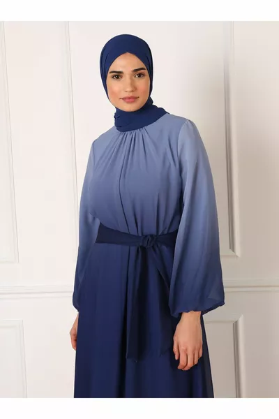 Abito da sera hijab in chiffon con cintura sfumata - blu navy - refka