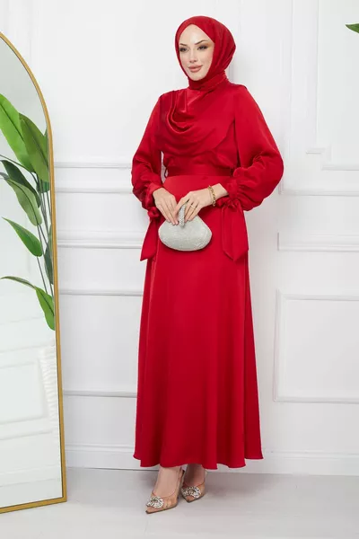 ذوي الياقات الحمراء مفصلة كم التعادل الساتان مساء اللباس