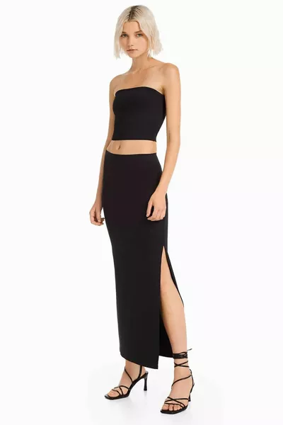 Women's Black Slit Jersey Fabric Long Skirt