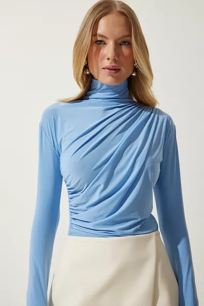 المرأة السماء الزرقاء الرباط مفصلة الوقوف الرقبة ساندي بلوزة 