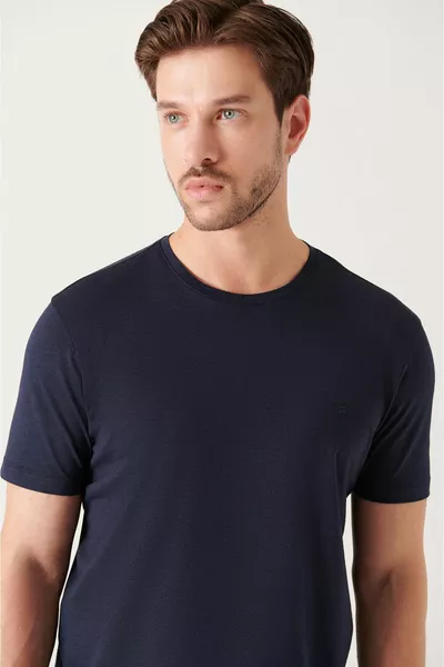 للرجال الأزرق الداكن Ultrasoft طاقم الرقبة القطن الأساسية تي شيرت 