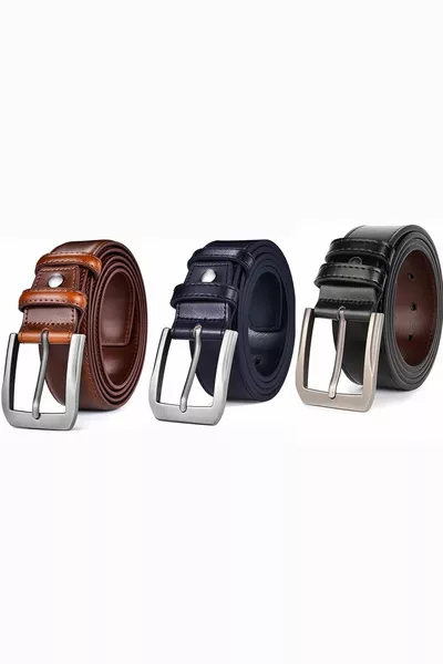 Men's Leather Belt 3-Piece Black Tan Navy Blue Stitching 4 cm