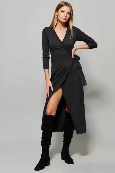 Robe longue à double boutonnage anthracite pour femme 